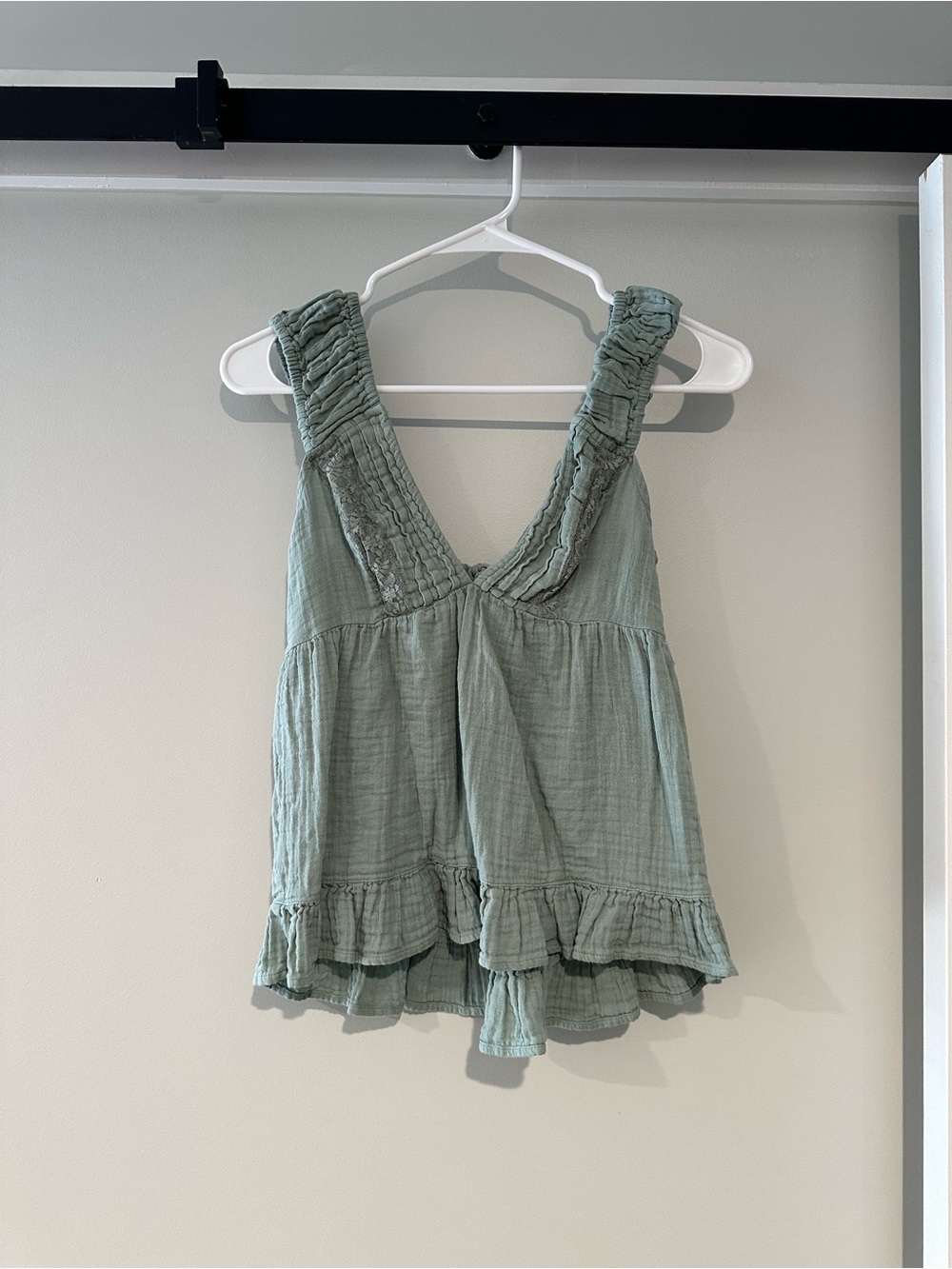 Sleeveless Ruffled V-Neck Tank in Sage Green